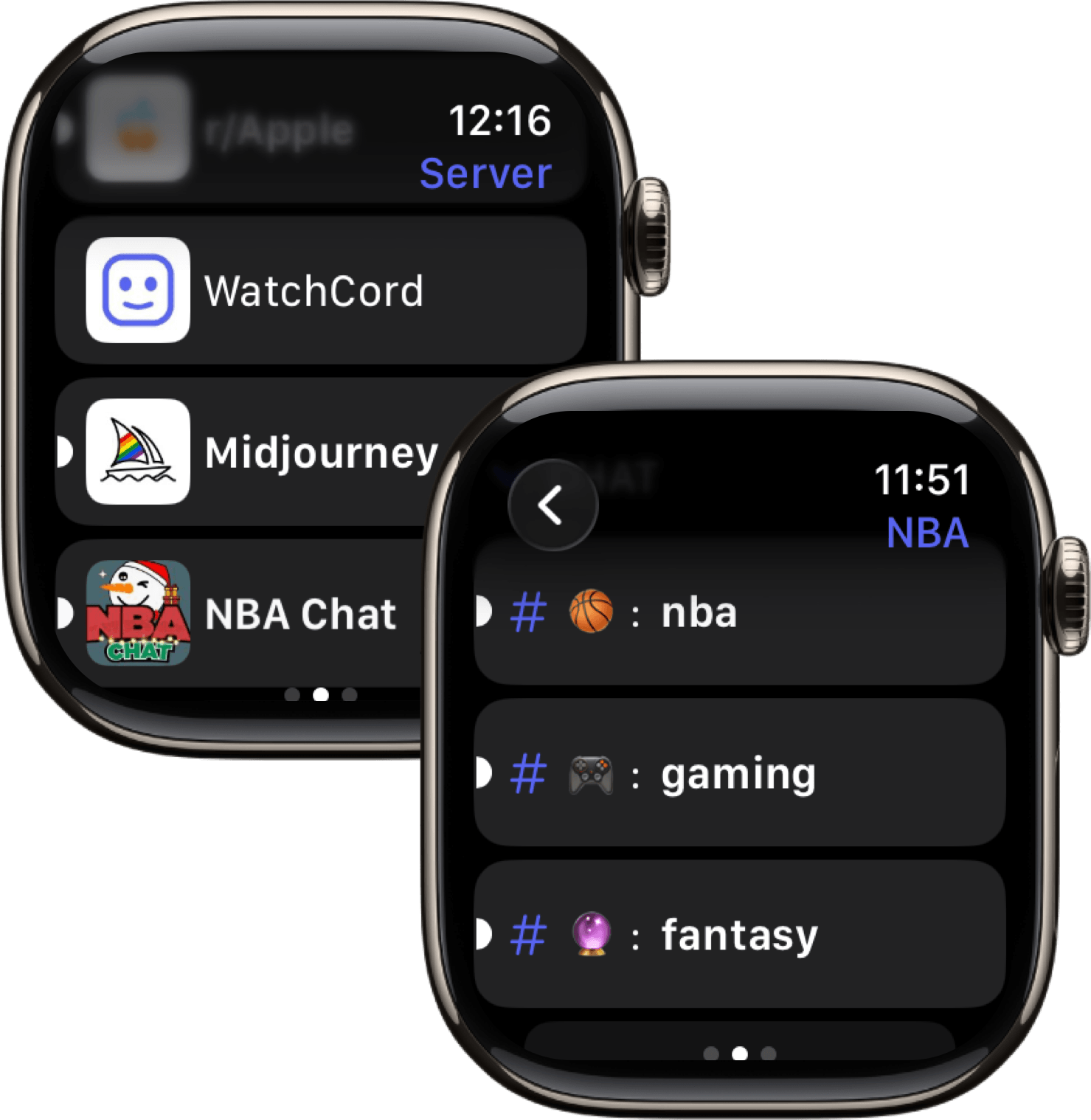 discord chat list and message detail on apple watch