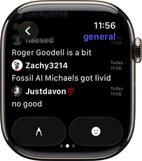 Discord message list on apple watch, contains text, photo, audio, emoji, video, gif